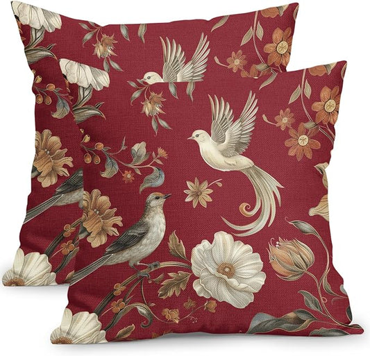 Kawani Vintage Floral Pillow Covers 20x20 Inch Set of 2 Red Chinoiserie Flower and Bird Outdoor Decorative Throw Pillows Retro Rustic Pillowcases Farmhouse Cushion Covers for Couch Home Decor