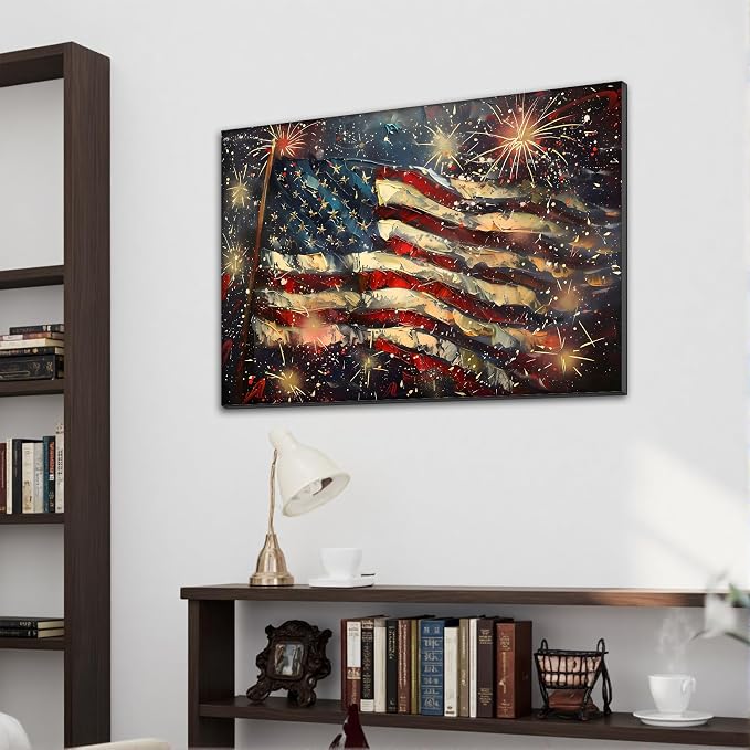 Framed 4th of July Fireworks American Flag Wall Art, Patriotic USA Canvas Art Pictures, Flag Wall Decor for Living Room Man Cave Bar, Ready to Hang Made in USA