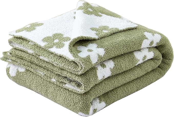 Ultra Soft Cozy Sunflower Knitted Throw Blanket Fluffy Microfiber Checkerboard Bed Blanket Lightweight Both Sides Blanket for Couch Sofa Bed (Sage Green, Throw 50“x60”)