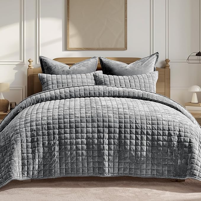 RECYCO Channel Box Stitch Velvet Quilt Set, Full Queen Size, Charcoal Gray | Ultra Soft Lightweight Velvet Comforter, Luxury Oversized Bedspread Coverlet, Quilted Bedding Set for All Season with 2 Shams
