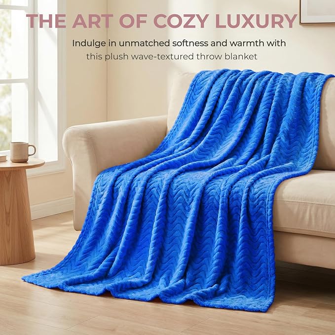 Exclusivo Mezcla Large Fleece Throw Blanket for Couch, Sofa, Cobalt Blue | 50"x70" Soft Breathable Lightweight Flannel Throws for Summer, Plush Cozy Jacquard Wave Blanket for Home Decor