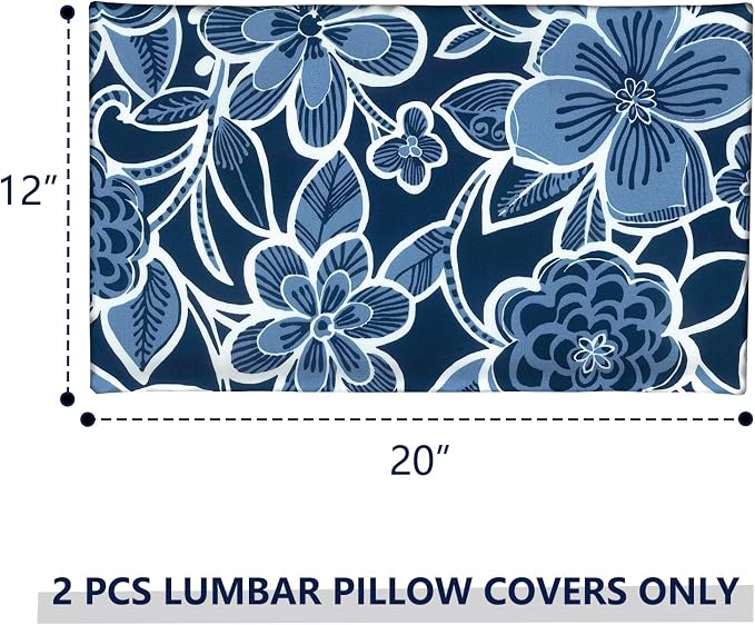 Outdoor Lumbar Pillow Covers 12”x20”, Rectangle Throw Pillow Covers for Patio Furniture, Decorative Lumbar Cushion Case for Garden Balcony Couch Office Chair, Pack of 2,Flower Navy
