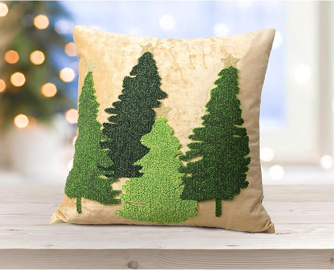 Christmas Tree Pillow Covers 18x18, Embroidered Throw Pillow Covers Decorations Holiday Pillows for Home Couch Sofa Bed Living Room,Gold Crushed Velvet Cushion