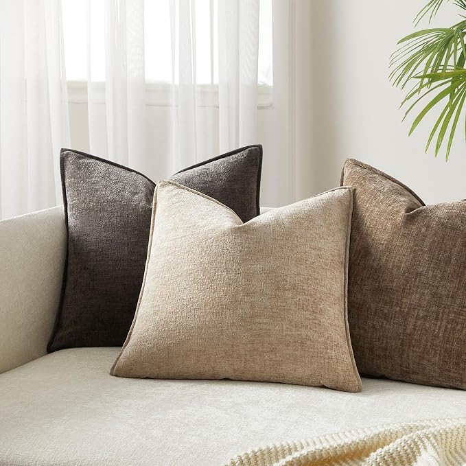 JUSPURBET 22x22 Chenille Decorative Throw Pillow Covers Set of 2,Beige | Cozy Soft Cushion Covers Case with Hidden Zipper for Couch Sofa Bed Home Decor Living Room