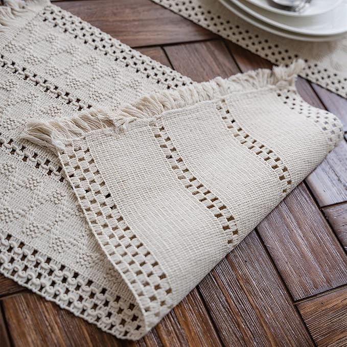 Macrame Table Runner Cream Beige Boho Table Runners with Tassels 12x108in | Alynsehom Hand Woven Cotton Table Runner Rustic Farmhouse Table Runners for Bohemian Kitchen Dining Table