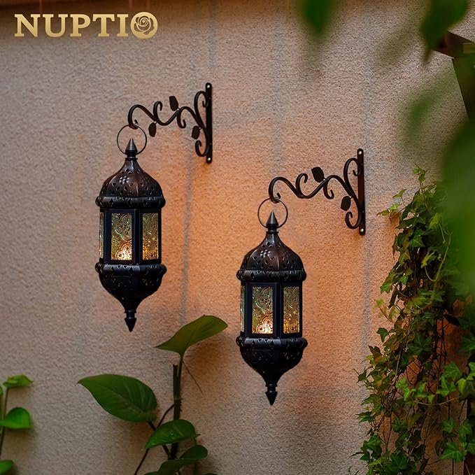 2 Pcs Hanging Candle Lantern Moroccan Chandelier Retro Candle Holder Moroccan Vintage Metal Hollow Wedding Hanging Candle Holders Lantern Contain 35cm Chain, Black