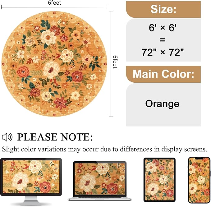 DUKINO 6ft Round Rug, Soft Washable Circle Rug for Bedroom Non Slip, Orange | Low Pile, Stain Resistant Indoor Rug for Living Room, Dining Room, Kids Room, Office, Pet Friendly, Home Decor, Non-Shedding