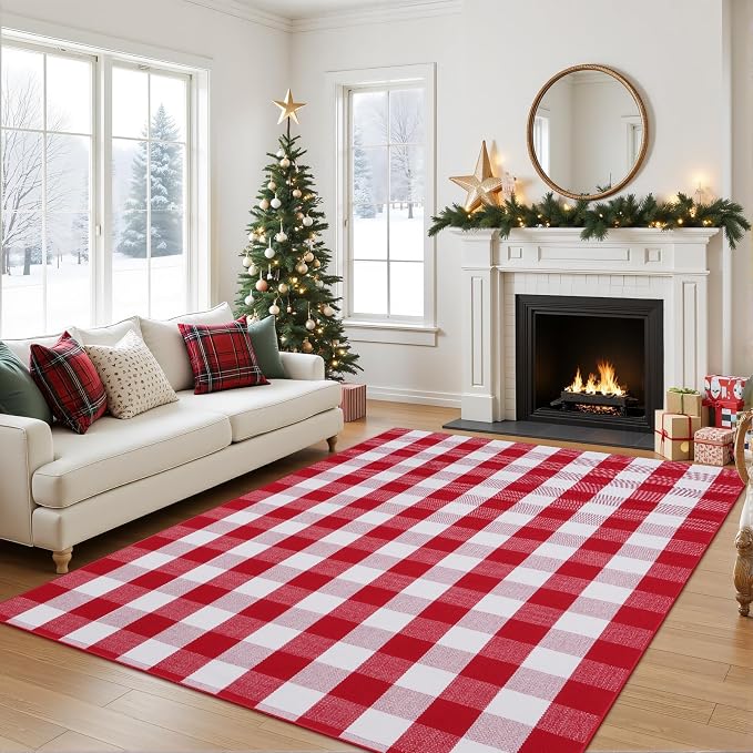 Christmas Buffalo Plaid Rug 5x7 Ft, Red White Indoor Outdoor Rug | Cotton Blend, Hand-Woven Look, Machine Washable, Layering Rug, Porch Entryway Decor
