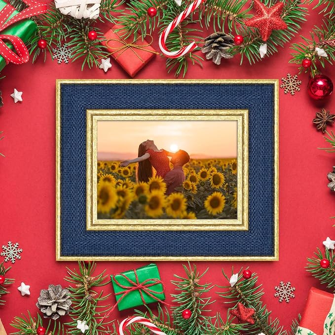 8x10 Picture Frame - Navy Blue Fabric & Vintage Gold Border HD Real Glass with Easel for Tabletop/Wall (Family Photos, Office Diplomas 1 Pack)