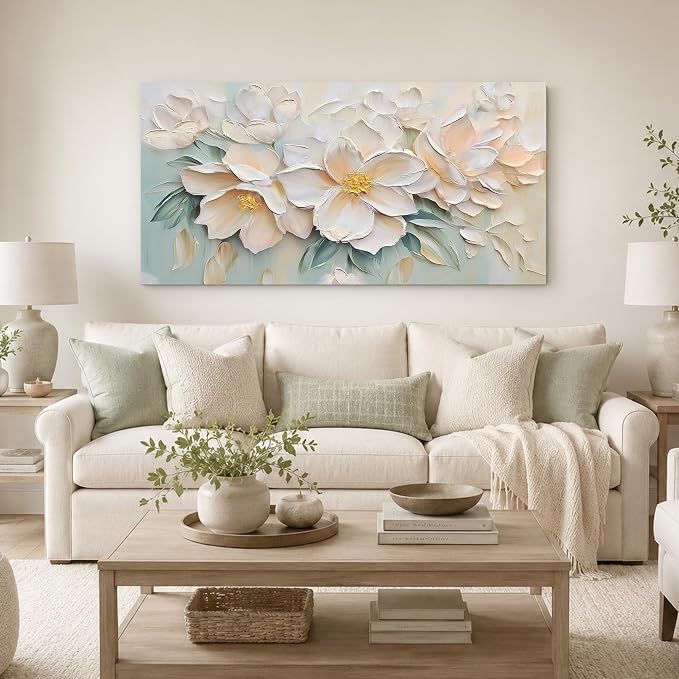Anolyfi Large White Floral Canvas Wall Art for Living Room Bedroom 40"x20" | HD Print and Hand-painted Textured, Easy to Hang, Durable Colorfast, Modern Flowers Sage Paintings for Hallway Home Decor