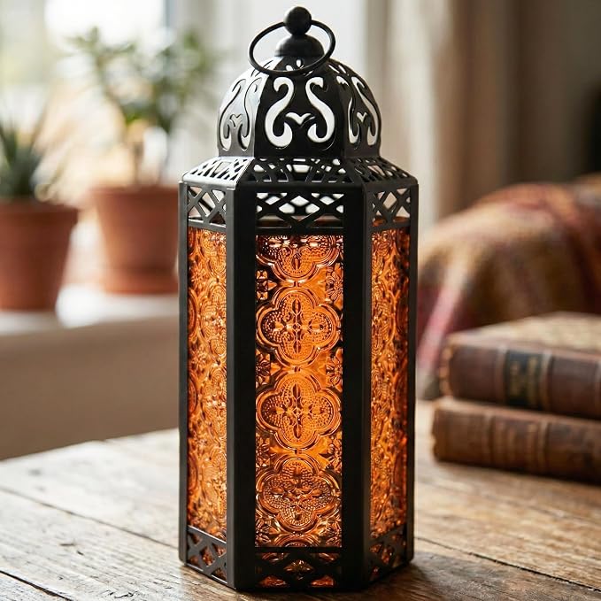 Vela Lanterns Decorative Indoor Moroccan Candle Holder, Amber, M | Halloween Decorations, Amber Orange Glass Decor, Gothic Dark Academia Lamp, Turkish Votive Pillar Tealight, 10.5in Tall