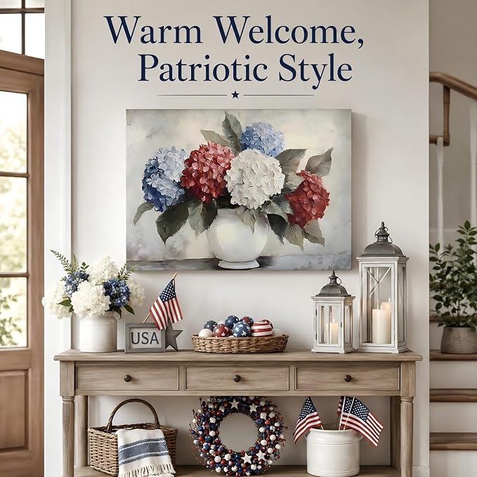 RIBNTAK Patriotic Hydrangea Wall Art USA Red White Blue Flower Vase Print Pictures Wall Decor Canvas Painting Artwork Decorations for Bedroom Bathroom Kitchen Living Room,Made in USA