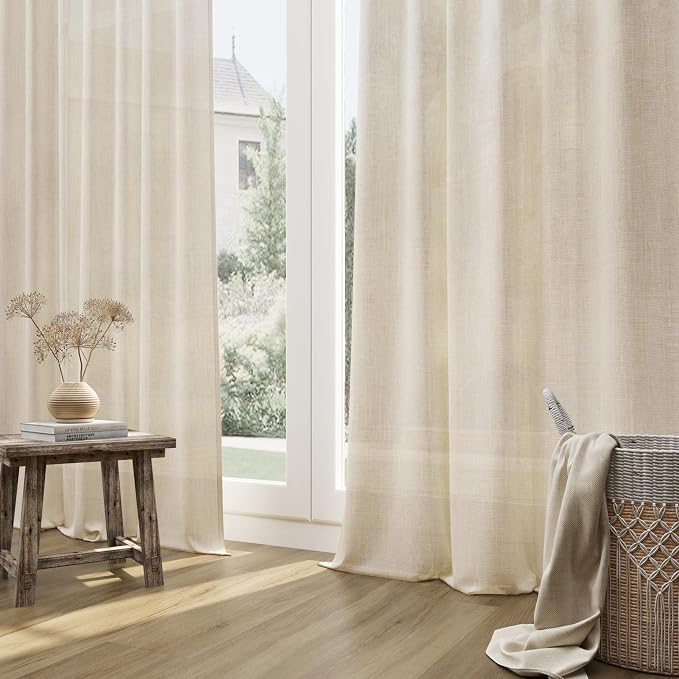 Linen Curtains 102 Inch Length for Living Room Bedroom 2 Panels Set Rod Pocket Light Filtering Semi Sheer Window Curtains 52 Inch Width Boho Farmhouse Drapes Flax Beige Linen, W52xL102