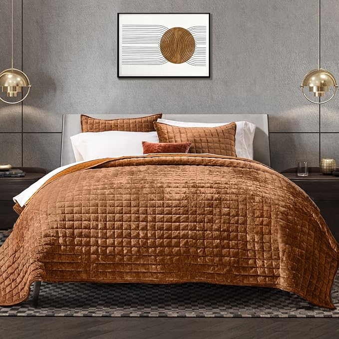 RECYCO Channel Box Stitch Velvet Quilt Set, Queen Size, Rusty Burnt Orange | Ultra Soft Lightweight Velvet Comforter, Luxury Oversized Bedspread Coverlet, Quilted Bedding Set for All Season with 2 Shams