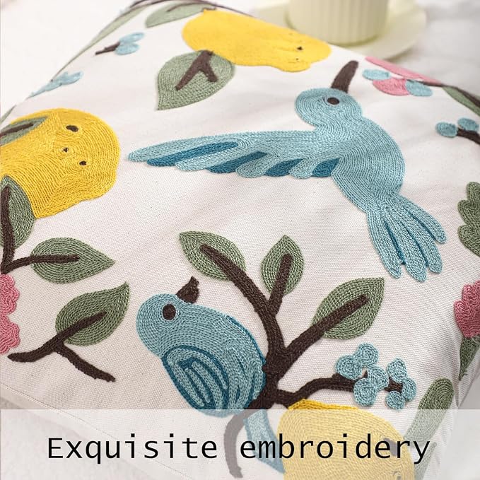 Lemon Embroidered Throw Pillow Covers 18x18 Pack of 2 Blue Birds with Green Leaves Pillow Covers Floral Pillowcases Boho Pillow Cushion Cases Flower Pillow Case Summer Decor