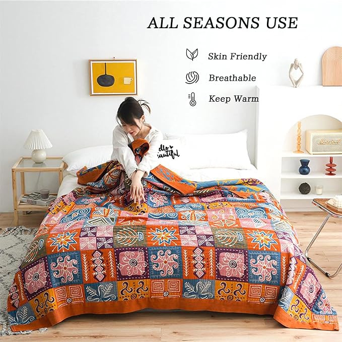 MSGKV Boho Throw Blanket 60"x80" 100% Cotton Checkered Throw for Couch | 100% Cotton Throw, Checkered Pattern, Reversible Woven, Lightweight Comfort, Farmhouse Decor, All Seasons, Machine Washable
