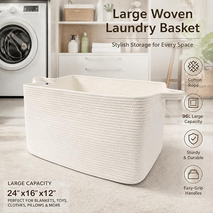 96L Woven Laundry Basket with Handles, Extra Blanket Basket,White | 24"×16"×15" Collapsible Cotton Rope Storage Basket for Toys Clothes & Pillows, Nursery, Bathroom, Bedroom, Living Room