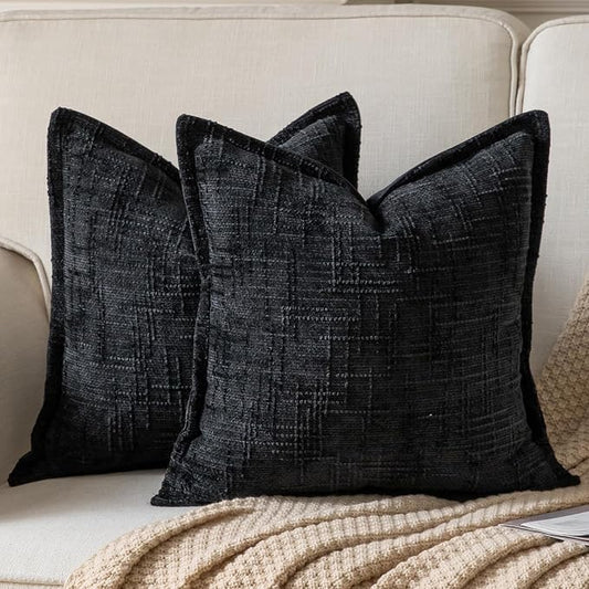 Yaertun Chenille Throw Pillow Covers 20x20 Inch Set of 2 Textured Broadside Soft Cozy Velvet Pillow Covers Modern Farmhouse Boho Decorative Pillow Cases for Couch Bed Sofa Livingroom Black