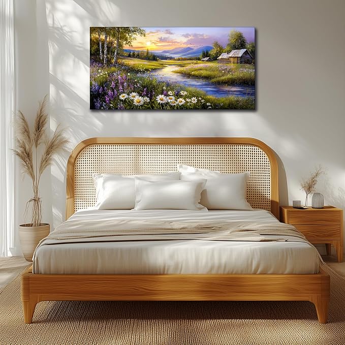 SERIMINO Rural Landscape Wall Art, Meadow Wildflower Wall Decor 20"X40" | Rustic Farmhouse Canvas Painting, River Cottage Meadow Pictures, Living Room Bedroom Decor, Ready To Hang, Vibrant Colors