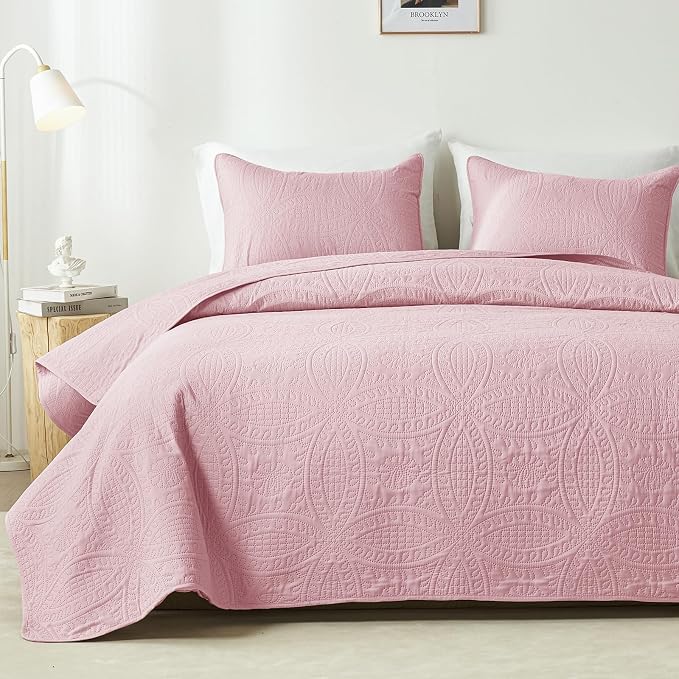 akkialla 118"x106" Pink California King Quilt Set, Oversized Floor-Length Bedspread, Modern Coin Pattern Microfiber Coverlet, 3-Piece All Season Bedding with 2 Pillow Shams