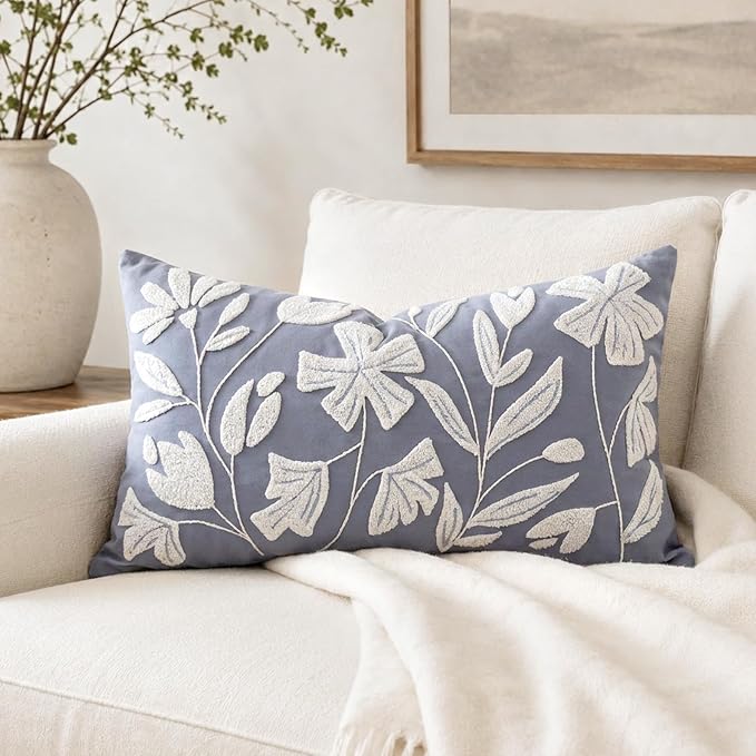 BlissBlush Decorative Lumbar Pillow Cover 12x20, Coastal Dusty Blue Accent Velvet Throw Pillowcase for Couch Sofa Living Room, Floral Tufted Rectangular Cushion, Cover Only