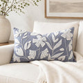 BlissBlush Decorative Lumbar Pillow Cover 12x20, Coastal Dusty Blue Accent Velvet Throw Pillowcase for Couch Sofa Living Room, Floral Tufted Rectangular Cushion, Cover Only