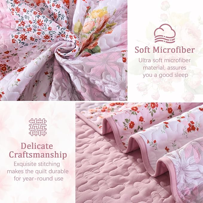 Mybedsoul Boho Quilt King Size, Patchwork Bedding Set, Pink White | Soft Lightweight Microfiber Floral Coverlet Set, 3 Pieces Plaid Bedspread, Bed Sets for All Seasons 90"x110"