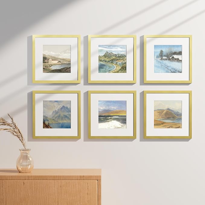 Vittanly 12x12 Picture Frames Set of 9 for Wall Mounting, Gold | Display Pictures 8x8 with Mat or 12x12 without Mat for Wall Mounting, Square Photo Frames for Home Decor, Engineered Wood