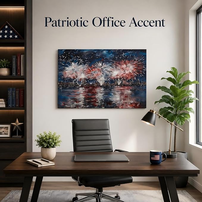 Patriotic 4th of July Fireworks Framed Canvas Wall Art, Red White Blue City Night Skyline Painting, Independence Day Holiday Decor for Living Room, Bedroom, Kitchen and Home Decoration