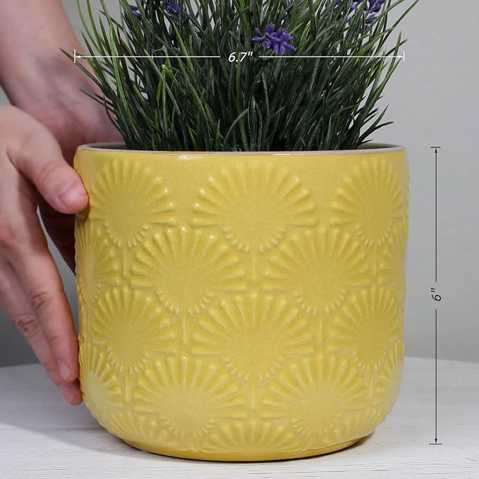 Boho Ceramic Planter，6.7" Contemporary Flower Pot for Indoor Outdoor Plants | Decorative Glazed Embossed Fan Textured Plant Pot with Drainage Hole & Plug, Bohemian Chic Home Garden Decor, Butter Yellow