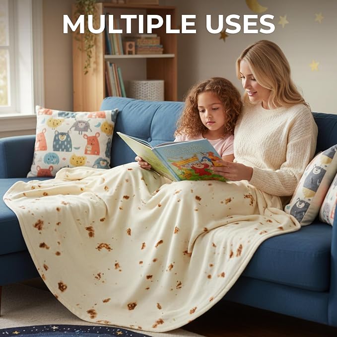 Zulay Kitchen Burrito Tortilla Throw Blanket - Giant Double-Sided Tortilla Blanket for Adult and Kids - 285 GSM Funny Soft Food Blanket - Flannel Round Taco Blanket - (80" Double Sided)
