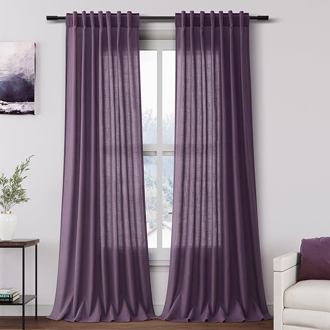 Plum Linen Curtains 108 Inches Long for Living Room 2 Panels Set Extra Long Back Tab Curtain Semi Sheer Light Filtering Plum Drapes Floor to Ceiling Curtains for Large Windows 52x108