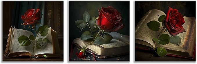 NAN Wind Vintage Red Wall Decor for Living Room Bathroom Accessories Green Leaf Retro Wall Art Red Rose on Books Pictures Bedroom Decor Kitchen Home Decorations 20x20 3 Pcs/Set
