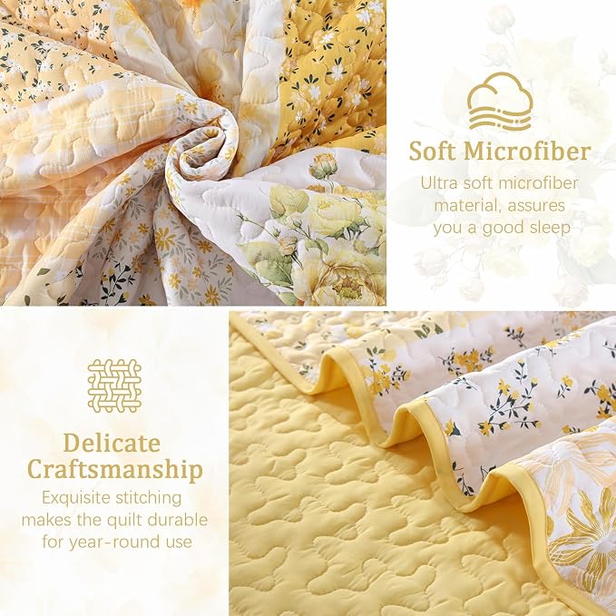 Mybedsoul Boho Quilts Queen Size, Patchwork Reversible Bedding Set, Yellow | Soft Lightweight Microfiber Floral Coverlet Set, 3 Pieces Plaid Bedspread, Bed Sets for All Seasons 96"x90"