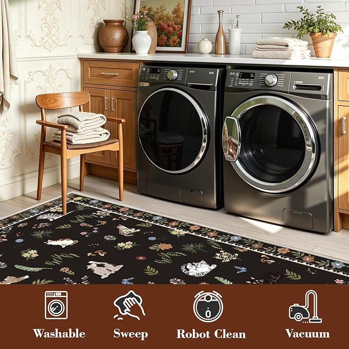 AIMPEAK Black 2x6 Non Slip Runner Rug - Washable Cat Floral Kitchen Carpet with Rubber Backing, Soft Low Pile Long Mat for Kitchen, Laundry Room, Bedroom, Bathroom, Hallway, Black Multi