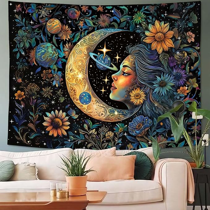 Accnicc Sun and Moon Tapestry for Bedroom Hippie Boho Floral Flower Plant Wall Tapestry Aesthetic Vintage Galaxy Celestial Star Spiritual Large Tapestries Wall Hanging for Living Room Dorm 60 x 44 Inch