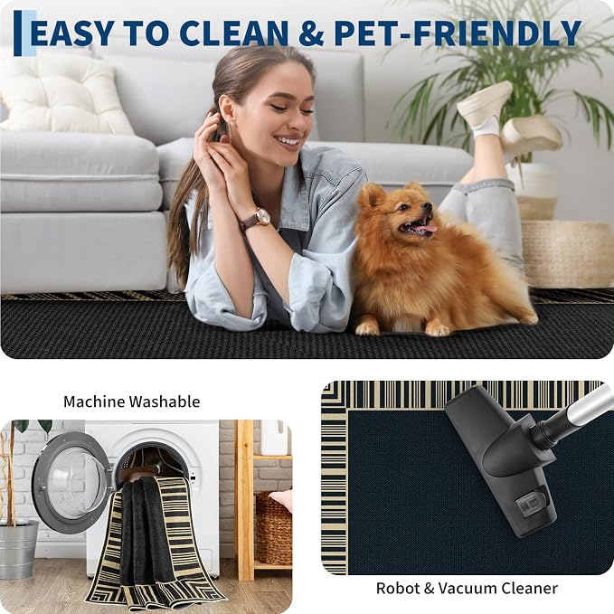 COZYLOOM 8x10 Easy Jute Outdoor Patio Rug Washable Living Room Rug with Rubber Backing, Stain Resistant Neutral Striped Border Rugs Non Shedding Foldable Mats for Bedroom, Dining Room, Backyard, Black