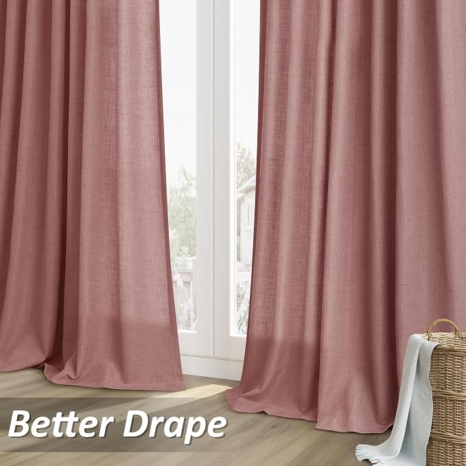 Canyon Rose Linen Curtains 84 Inches Long 2 Panel Set Rod Pocket Semi Sheer Girls Bedroom Living Room Airy Soft Fabric Window Treatments 52x84