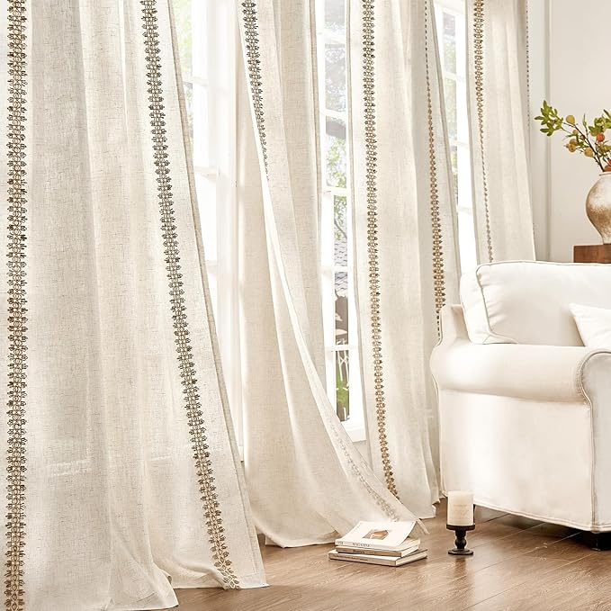jinchan Beige Linen Curtains with Woven Trim Back Tab 50 x 84 Inch 2 Panels | Semi sheer light filtering, modern farmhouse curtains for living room and bedroom, back tab rod pocket, machine washable