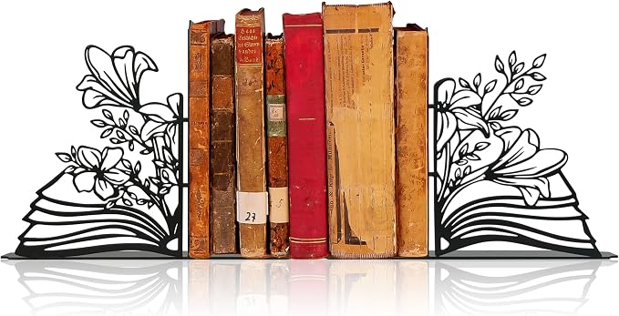 Metal Flower & Book Design Decorative Bookends – Cute Bookends for Shelves | Fun Reading Room Decor for Book Lovers, Black