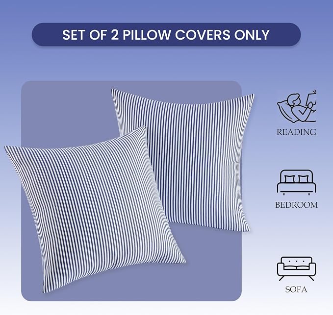 CARRIE HOME Blue White Farmhouse Striped Pillow Covers 18x18 Set of 2 Navy Blue Farmhouse Decor Pillows for Sofa Bedroom Chair and Christmas Decoration