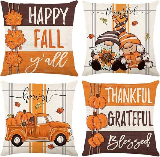 ONFAON Fall Decorations for Home, Fall Pillow Covers 18x18 Set of 4, Thanksgiving Decorations Autumn Cushion Case for Couch(Fall06)