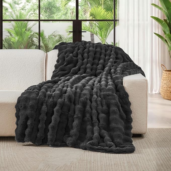 Lotus Karen Faux Fur Blanket Dark Gray Twin Size - Big Bubble Rabbit Fluff Throws for Couch Small Fluffy Fuzzy Cozy Thick Furry Plush Shaggy Blankets 60x80 Inches