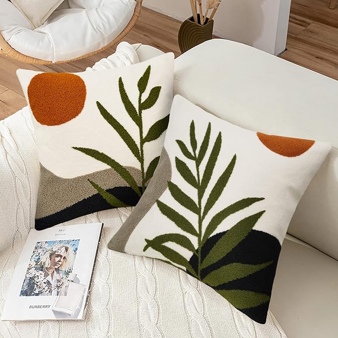 Merrycolor Decorative Throw Pillow Covers 16x16 Boho Pillow Covers Tufted Mid Century Modern Throw Pillows Abstract Leaf Pillow Cover Aesthetic Boho Pillows for Couch Bed Sofa Living Room 1PC