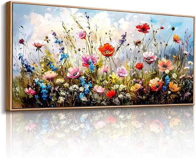 SERIMINO Framed Floral Wall Art, Modern Wildflower Canvas Pictures 32"x71" | Extra Large Colorful Wall Decor, Modern Wildflower Painting, Office Hotel Hallway Decor, Ready To Hang, Sturdy Frame