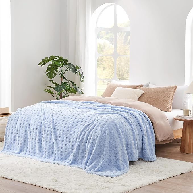 Cozy Bliss Ultrasoft Waffle Throw Blanket, Fluffy Cute Plush Blanket for Couch, Bed, Modern Home Accent, Portable for Picnic or Outdoor, Light Blue, 66"x90"
