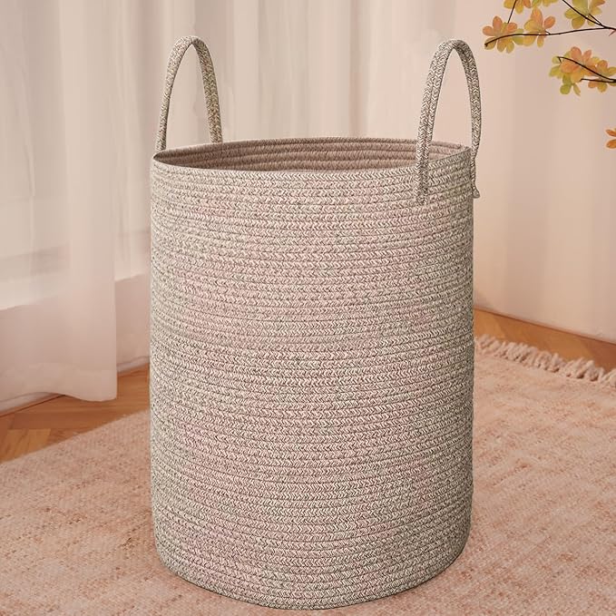 JMvicyroam 60L Cotton Rope Laundry Basket Hamper, Oatmeal | Collapsible laundry basket, reinforced handles, freestanding, machine washable, holds 3-5 thick blankets, clothes or toys