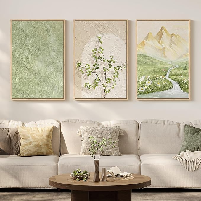 Framed Sage Green Landscape 3 Piece Wall Art for Living Room, Neutral Beige Mountain Botanical Print Canvas Artwork for Walls, Modern Nordic Rustic Nature Wall Decor for Bedroom Home Office, 16x24 In