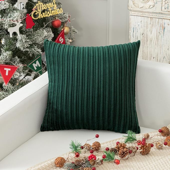 Kevin Textile Striped Corduroy 24”x24” Pillow Covers 2 Pack, Dark Green