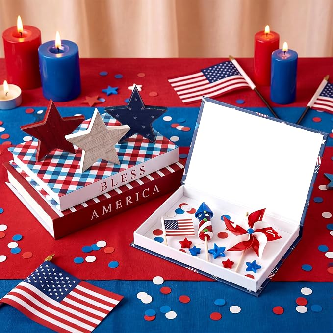 Thyle 4th of July Fake Decorative Books Wooden Star Table Signs Faux Stars Patriotic Decor for Independence Day 250th Anniversary Party Office Home Shelf Table Decor, 11 /9.9 / 9.1 Inch